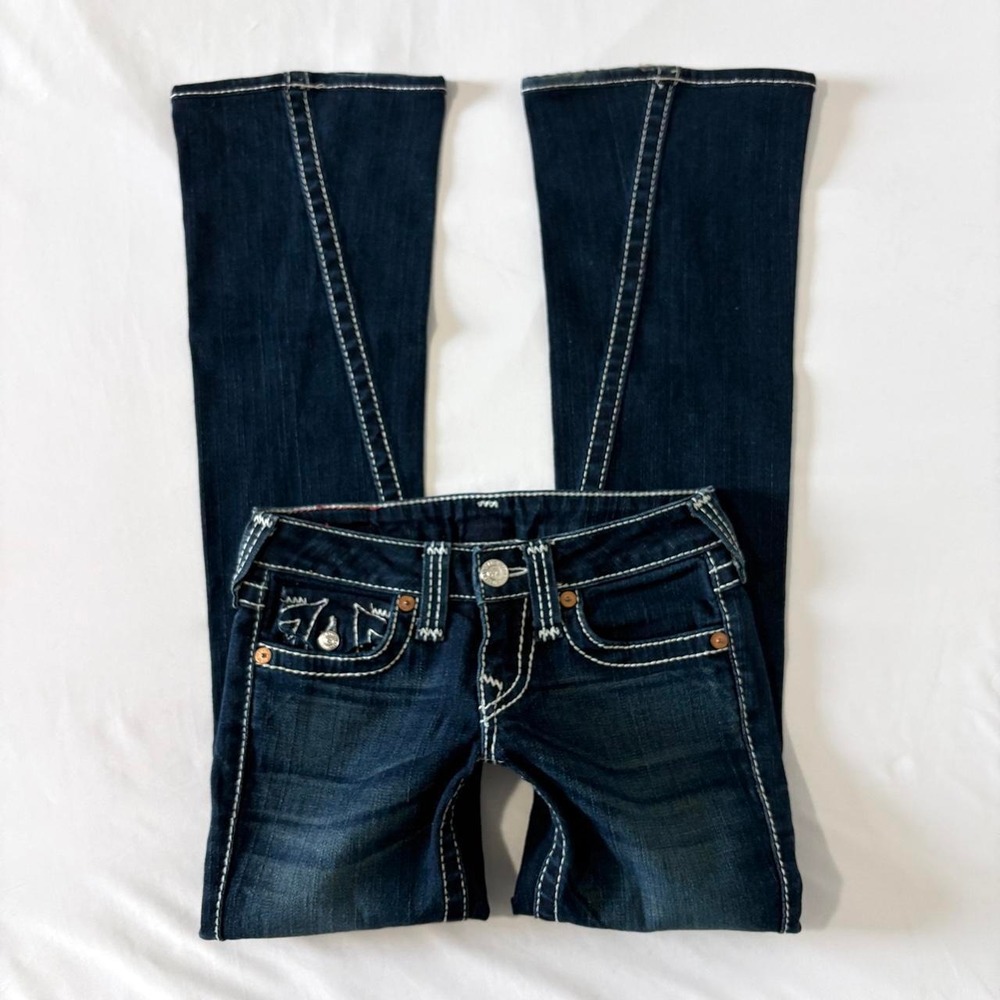 True Religion Joey Bootcut Jeans Women Size 24 Blue Low Rise White Stitching